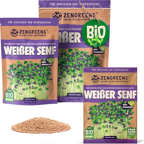 ZenGreens® - Bio Weißer Senf Samen - Wähle zwischen 10g, 200g und 500g - Weiße Senfsaat mit Keimrate von über 97% - Gelbsenf Sprossen- Weißer Senf Sprossen ziehen - wiederverschließbare Verpackung von zengreens