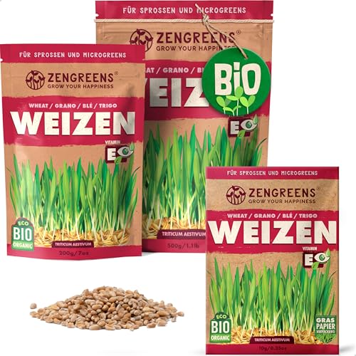ZenGreens® - Bio Weizen Sprossen Samen in - Wähle zwischen 10g, 200g und 500g - Weizengras Samen mit Keimrate von über 96% - Getreide Saatgut - Weizensamen ideal für Microgreens - Keimsprossen von zengreens