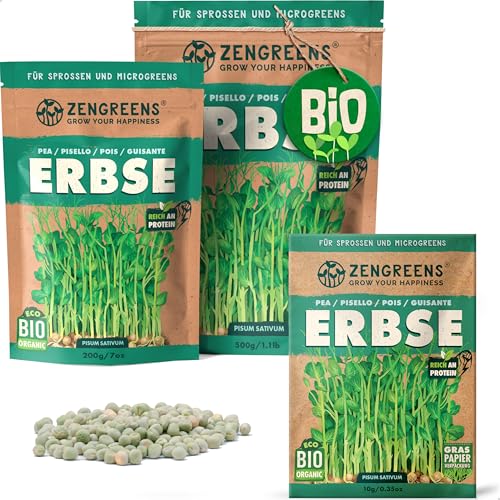 ZenGreens® - Bio Erbsen Samen - Wähle zwischen 10g, 200g und 500g - Erbsensamen mit Keimrate von über 97% - Erbsen Keimsprossen - Erbsen Saatgut zum Sprossen ziehen - wiederverschließbare Verpackung von zengreens