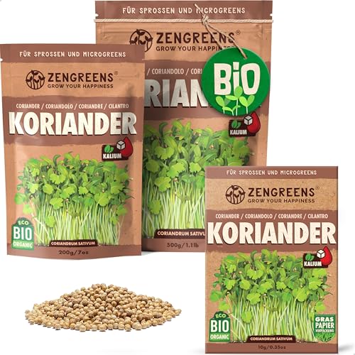 ZenGreens® - Bio Koriander Samen - Wähle zwischen 200g und 500g -Koriandersamen mit Keimrate von über 97% - Keimsprossen - Koriandersamen Saatgut Sprossen ziehen - wiederverschließbare Verpackung von zengreens