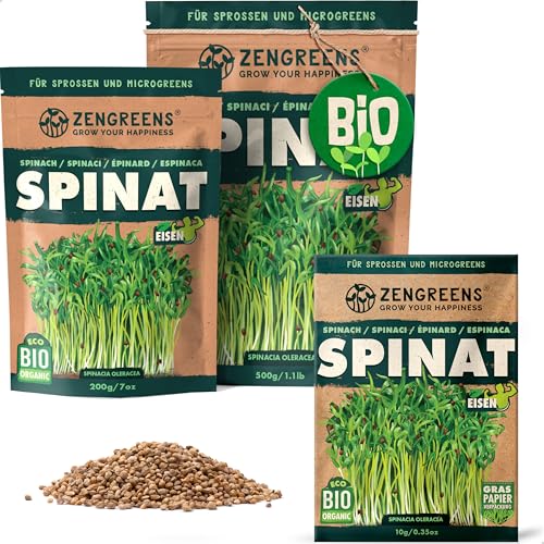 ZenGreens® - Bio Spinat Samen - Wähle zwischen 10g, 200g und 500g - Spinatsamen mit Keimrate von über 97% - Spinat Keimsprossen - Spinat Saatgut zum Sprossen ziehen - wiederverschließbare Verpackung von zengreens