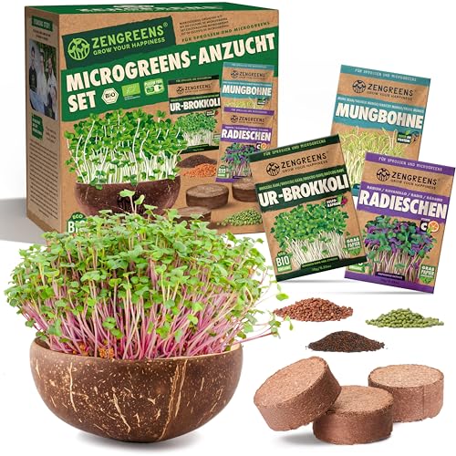 zengreens® Bio Microgreens Anzuchtset – Starter Set mit Keimschale – Enthält Kokosnuss Anzuchtschale, Kokos Quelltabletten und Sprossensamen (Brokkoli, Radieschen & Mungbohne) von zengreens