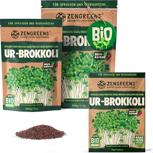 ZenGreens® - Bio Ur-Brokkoli Sprossen Samen - Wähle zwischen 10g, 200g und 500g - Brokkolisprossen mit hohem Sulforaphan-Gehalt - Stengelkohl Samen - Brokkolisamen - Keimrate von über 97% von zengreens