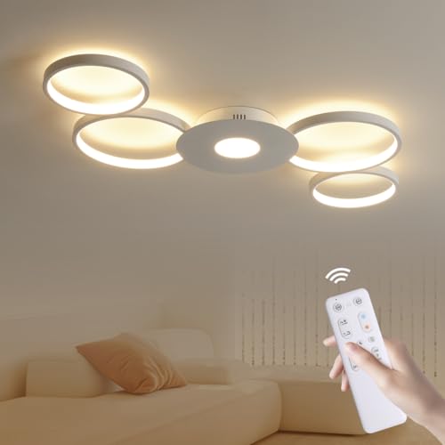 LED Deckenlampe Wohnzimmer 52W Dimmbar mit Fernbedienung – Moderne Deckenleuchte Weiß Metall, 5 Ringe Design, 3000–6500K CCT, 5200lm, Flach für Schlafzimmer Küche Flur von zenlavia
