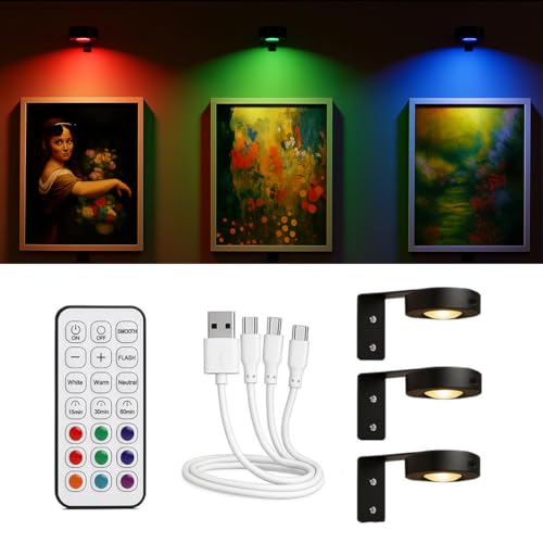 Wandlampe akku 3er Set, Led Wandleuchte ohne Stromanschluss, Bilderleuchte Kabellos, RGB & Weißlicht, Dimmbar, Fernbedienung, Timer, Nachttischlampe, Batterie Lampen für Bilder, Dartboard, Wanddeko Wandlampe akku 3er Set, Led Wandleuchte ohne Stromanschluss, Bilderleuchte Kabellos, RGB & Weißlicht, Dimmbar, Fernbedienung, Timer, Nachttischlampe, Batterie Lampen für Bilder, Dartboard, Wanddeko von zenlavia