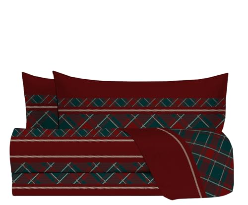 zer0bed, Bettwäsche-Set für Doppelbett, Tartan, hergestellt in Italien, 100% Baumwolle, Bordeauxgrün, Spannbettlaken, 1 Paar Kissenbezüge von zer0bed