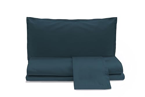 zer0bed, Bettwäsche-Set für Doppelbett aus Baumwollsatin, einfarbig, Pfauenblau, 100% Baumwollsatin, Oberlaken, Spannbettlaken, 2 Kissenbezüge mit 4 Federbällen von zer0bed