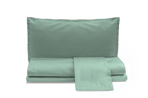 zer0bed, Bettwäsche-Set für Doppelbett aus Baumwollsatin, einfarbig, Salbei, 100% Baumwollsatin, Bettlaken, Spannbettlaken, 2 Kissenbezüge mit 4 Federbällen von zer0bed