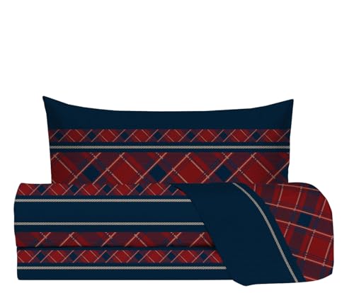 zer0bed, Bettwäsche-Set für Einzelbett, Tartan, hergestellt in Italien, 100% Baumwolle, Bordeauxrot, Ottan, Oberlaken, Spannbettlaken, Kissenbezug von zer0bed