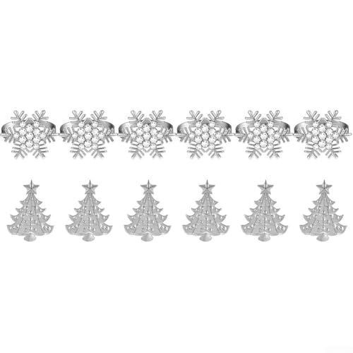 12-teiliges Weihnachts-Serviettenring-Set mit Schneeflocken- und Weihnachtsbaum-Designs für Esstischdekoration und Feiertage (Silber) von zeroupshop