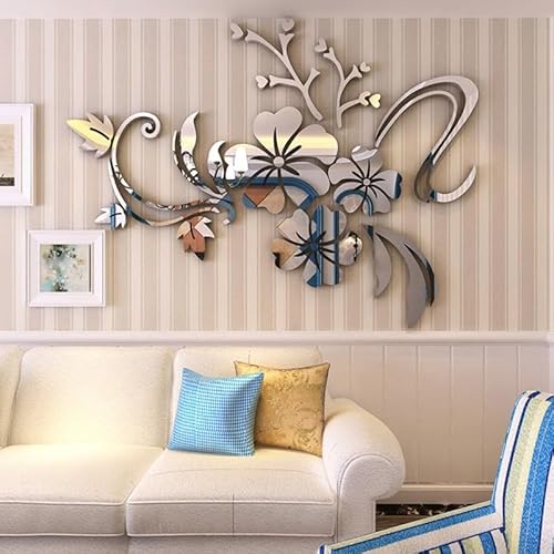 Dekorativer 3D-Spiegel Blume Wandaufkleber Acryl Wandbild für moderne Wohnraum-Styling (Silber) von zeroupshop
