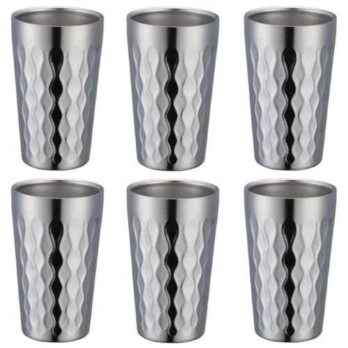Doppelwandige Wasserbecher aus Edelstahl, 330 ml, stapelbare Becher mit Isolierung für heiße und kalte Getränke, silberfarben, 6 Stück von zeroupshop