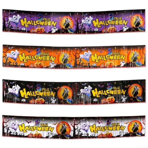 Set mit 4 Halloween-Party-Bannern mit Regen-Seidenvorhang-Quasten, Polyestergewebe mit traditionellen Halloween-Motiven für Garten und Rasen Set mit 4 Halloween-Party-Bannern mit Regen-Seidenvorhang-Quasten, Polyestergewebe mit traditionellen Halloween-Motiven für Garten und Rasen von zeroupshop