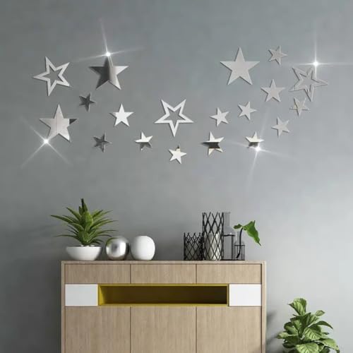 Spiegel-Wandaufkleber-Set, 19-teilig, Acryl-Sterne zur Verbesserung der Raumhelligkeit (Silber) von zeroupshop