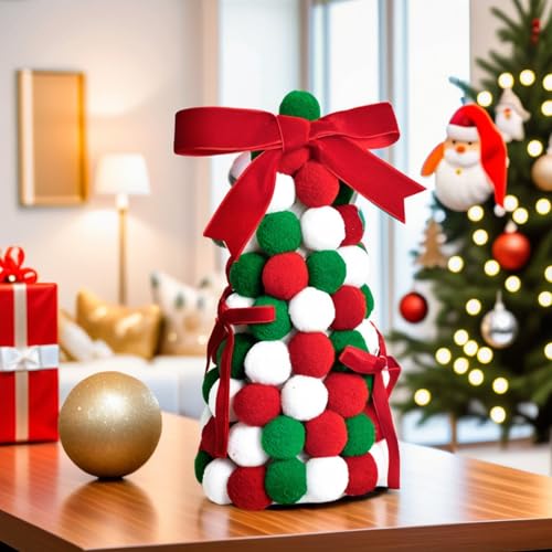 Zeroupshop Desktop Holiday Tree Ornament mit Wollkugelschleife handgefertigt Polyester Miniatur-Tischdekoration für Büro Zuhause von zeroupshop