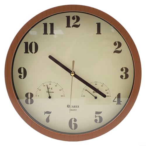 Zeroupshop Outdoor-Terrassenuhr mit integriertem Thermometer, Hygrometer, 25,4 cm, geräuschlose Wanduhr, wasserdicht, für Pool, Garten, Innen- und Außenbereich (Holzmaserung) von zeroupshop