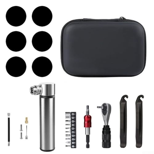Zeroupshop Ratschenschlüssel und Reifenheber-Reparatur-Set mit Pumpe, Stahl, Aluminiumlegierung, Multifunktionswerkzeug-Set für Fahrradwartung, in kompakter, tragbarer Aufbewahrungsbox von zeroupshop