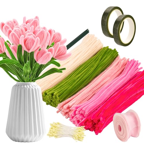 zeyedemo Pfeifenreiniger zum Basteln 350 Stück Bunte Pfeifenputzer zum Basteln mit Stängel Bänder Staubgefäßen Klebeband Pfeifenputzer Blumen set für Erwachsene Blumenstrauß DIY (5 Farben) von zeyedemo