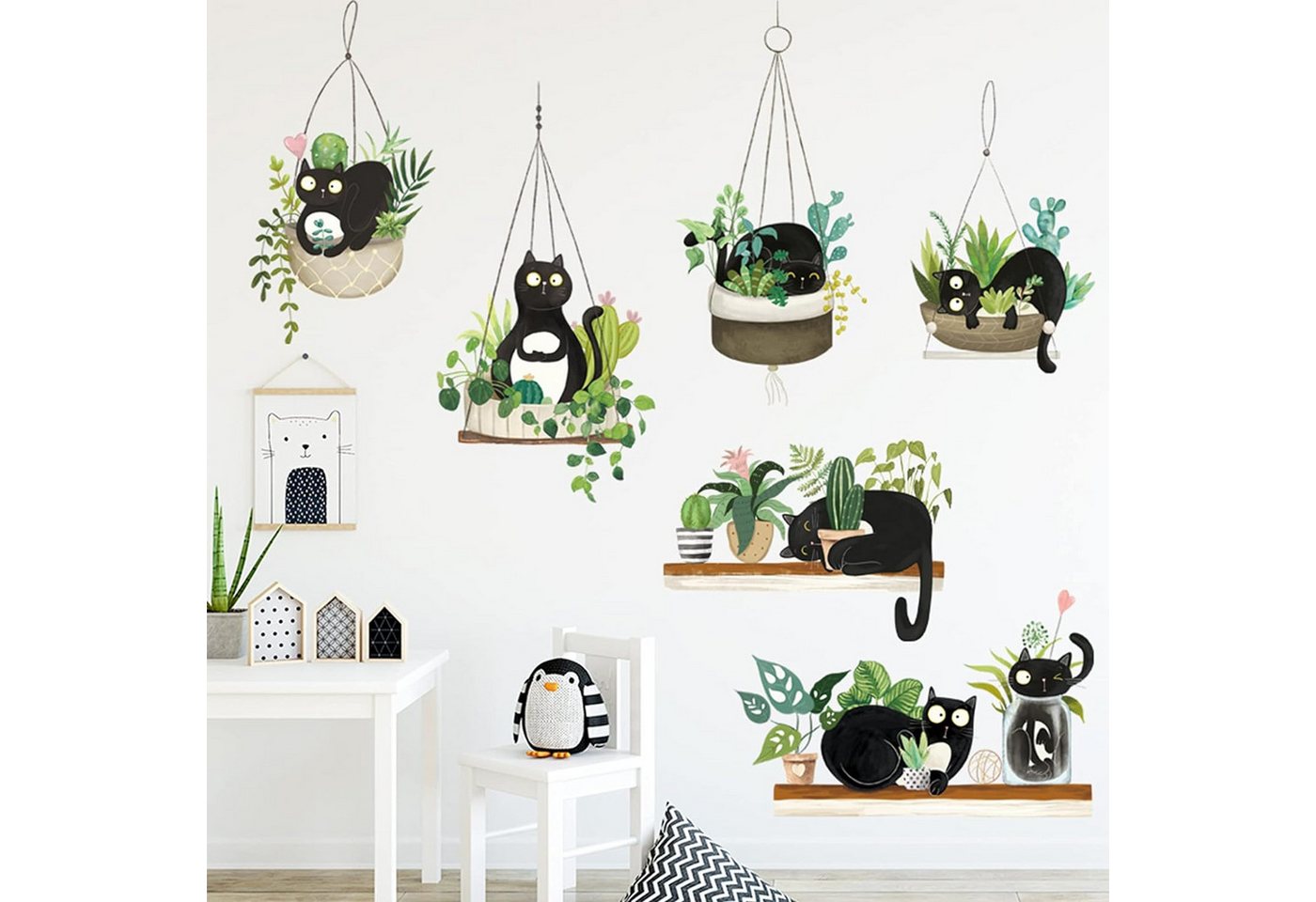 zggzerg Wandtattoo Wandtattoo Grüne Topfpflanze Pflanzen mit Katzen Wandsticker von zggzerg
