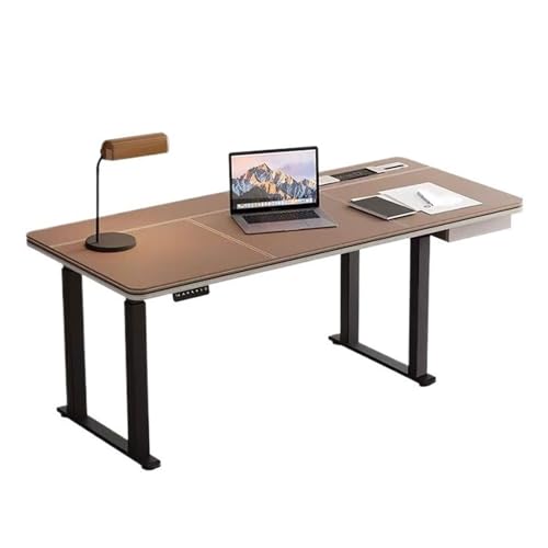 Bürotisch Höhenverstellbarer elektrischer Stehschreibtisch, Sattelleder-Tischplatte, Sitz-Steh-Schreibtisch mit Ladesteckdosen, Braun Laptop-Gaming-Tisch(S) von zhangrui1888