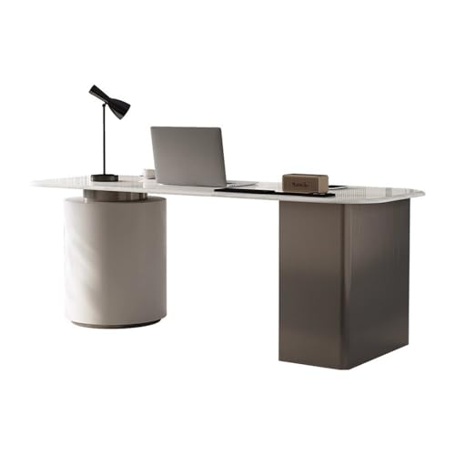 Bürotisch Moderner Home-Office-Schreibtisch, Stabiler Chefschreibtisch aus Steinschiefer mit Ladestation, runder Aufbewahrungsschrank Laptop-Gaming-Tisch(S) von zhangrui1888