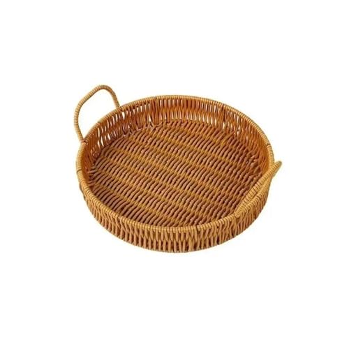 zhangrui1888 Obstkorb Handwoven Storage Tray Round Shape Fruit Vegetable Wicker Rattan Threads Basket with Handle Obstkorb-Schale(Klein) von zhangrui1888
