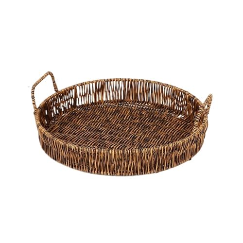 zhangrui1888 Obstkorb Lebensmittel Platte Kunststoff Rattan Lagerung Tablett Runde Form Obst Rattan Fäden Korb mit Griff Obstkorb-Schale(Klein) von zhangrui1888