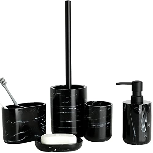 zhanwang Marmor Badezimmer-Set, 5-teilig, inklusive Seifenspender, Zahnbürstenhalter, Zahnputzbecher, Seifenschale und Toilettenbürste (schwarz-5) von zhanwang