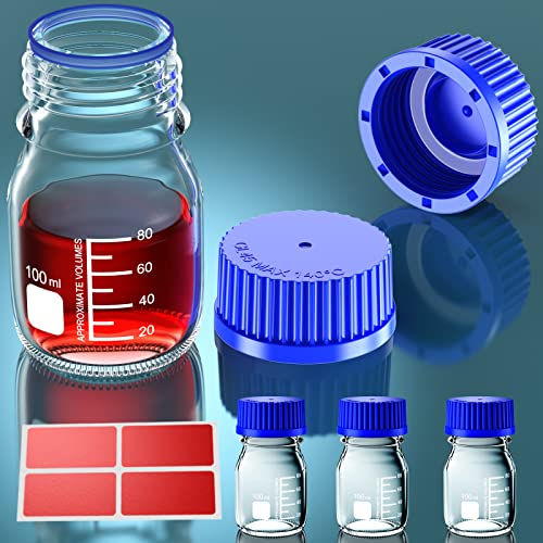 zhanxubio GL25 25 ml GL32 50 ml GL45 100 ml 250 ml 500 ml 1000 ml runde Medien-Aufbewahrungsflaschen mit GL45 blauem Schraubverschluss, PP-Ausgießring und Silikondichtung, Aufkleber (100 ml, 4 Stück) von zhanxubio