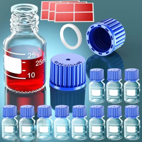 ZHANXUBIO GL25 runde Medien-Aufbewahrungsflaschen, Glasflaschen mit blauem GL25-Schraubverschluss, PP-Ausgießring und Silikondichtung, Aufkleber (25 ml, 10 Stück) von ZHANXUBIO