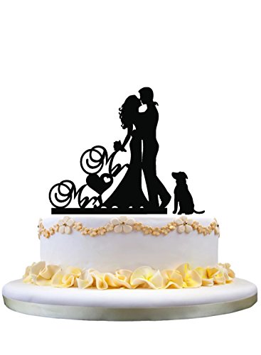 Einzigartige Hochzeitstorte Topper - Mr & Mrs Cake Topper, Süße Braut und Bräutigam Kissing Silhouette mit einem schönen Hund Silhouette von Kaishihui