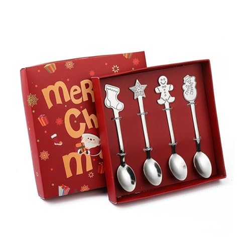 Löffel, 4 Stück Dessertlöffel Weihnachten Edelstahl Suppenlöffel Runde Bouillonlöffel Besteck mit Box Perfekt for Kaffeerührpartys und tägliche Küchenutensilien(Silver) von zhongqunli