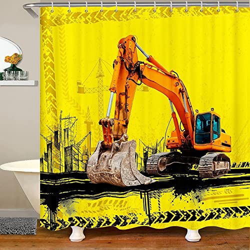 Duschvorhang 180x200 Bagger Duschrollo Wasserabweisend Anti-Schimmel mit 12 Duschvorhangringen, 3D Bedrucktshower Shower Curtains, für Duschrollo für Badewanne Dusche von zhwe