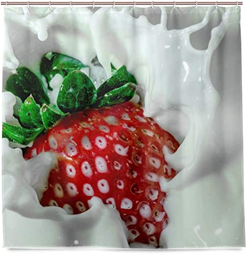 Duschvorhang 180x200 Milch Erdbeere Duschrollo Wasserabweisend Anti-Schimmel mit 12 Duschvorhangringen, 3D Bedrucktshower Shower Curtains, für Duschrollo für Badewanne Dusche von Zhwe