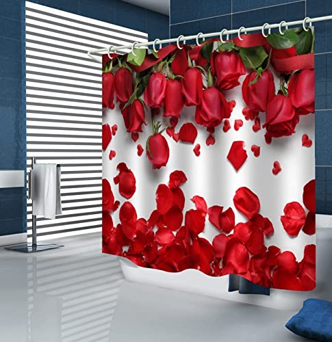 Duschvorhang 200x200 Rote Rose Duschrollo Wasserabweisend Anti-Schimmel mit 12 Duschvorhangringen, 3D Bedrucktshower Shower Curtains, für Duschrollo für Badewanne Dusche von zhwe