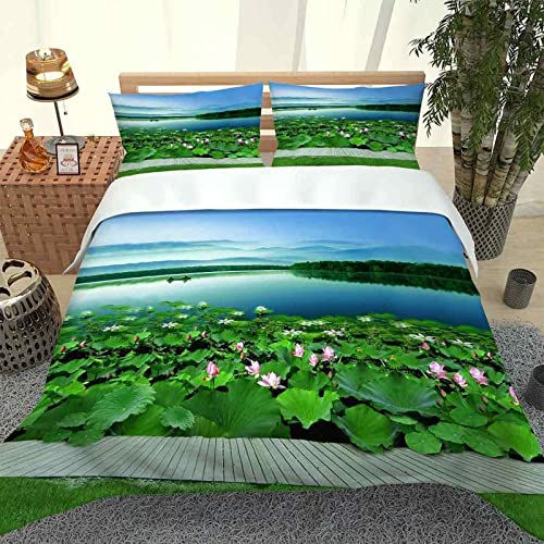 zhwe Bettwäsche 135x200 Natur grüner Lotus, Atmungsaktive Weiche GebüRstet Mikrofaser Bettzeug Set, Bettbezüge und 2 Kissenbezug 80x80 cm mit ReißVerschluss von zhwe