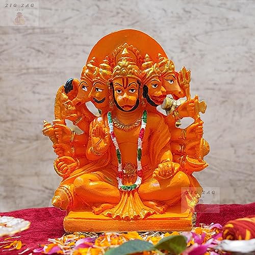 Zig Zag Lord Panchmukhi Hanuman ji Murti/Statue Orange Sankat Mochan Polyresin Idol für Pooja Tempel/Home Decor Auto Büro (Größe – 15,2 cm) von zig zag