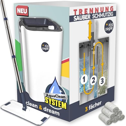 ZIG ZAGLE Wischmopp Set mit Eimer, Pure Water System, Frisch-/Schmutzwassertrennung: Ultra Hygienisch, Einfache Reinigung, Bodenwischer Komplett Set, Flachwischer, Mikrofaser-Pads, Selbstreinigend von zig zagle