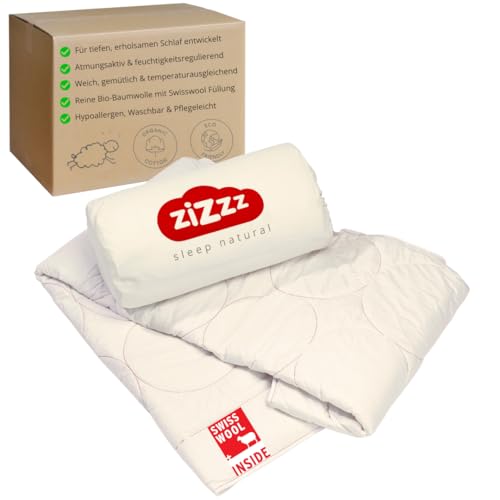 zizzz Schafwolldecke - Bettdecke aus Bio Baumwolle - 4 Jahreszeiten - Verschiedene Größen - Atmungsaktiv & weich - Woll Bettdecke mit Swisswool Füllung (290g/m2) - Hochwertiges Ganzjahr Duvet von zizzz