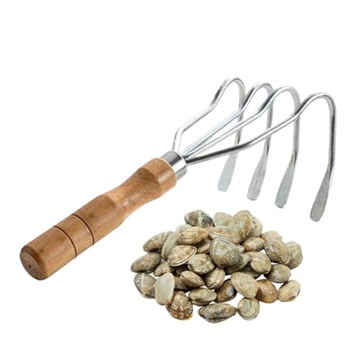 zjhukfmc Handharke Kralle - Muschelgräber mit Holzgriff,Handlicher 4-Zacken Multifunktionsrechen Für Garten Teich Camping Strandmuschelsuche Rasen Bodenarbeiten von zjhukfmc