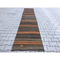 2, 4 X 3, 7 Ft Flachgewebe Läufer, Kelim Teppich Natürliche Bio Haar Braune Wolle Mit Orange Gestreiften Flur Eco Friendly von zkrugs