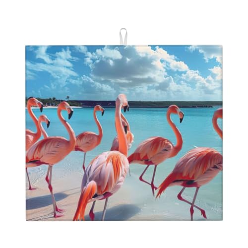 Rudel rosa Flamingo am Strand Druck Tischplatten-Trocknermatte Küchenständer Tischset Trockenunterlage Ultra saugstark 40 x 45 cm von zkyfll