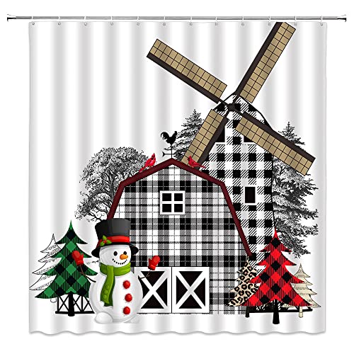 Farmhouse Windmühle Duschvorhang Schwarz Weiß Büffel Kariert Weihnachten Scheunenhaus Schneemann Weihnachtsbaum Kardinal Vogel Rustikaler Stil Happy New Year Stoff Badezimmer Sets mit Haken Rot Grün von znlsu