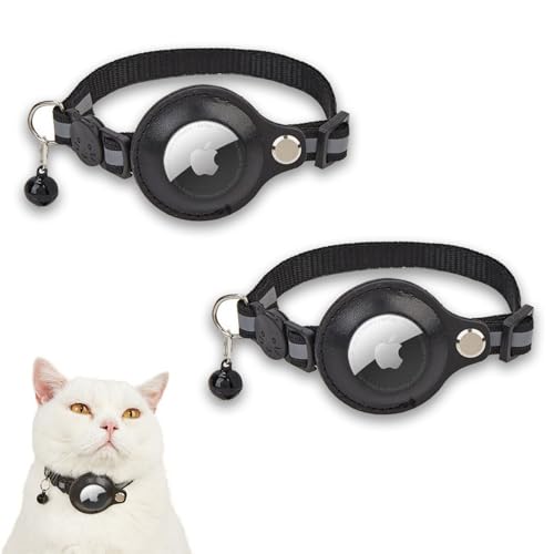 zoerbufan 2 Pack AirTag Katzenhalsband mit Sicherheitsverschluss und glöckchen, Reflektierend GPS Tracker Katze 22-34 cm für Katzen, Schwarz von zoerbufan