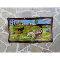 Wandteppich Vintage Folk Art Gobelin Samt Wandbehang Teppich Plüsch Kätzchen Dekor Für Cabin Camp Shepherd von zografa