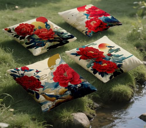 Kissenbezug 40x40cm Outdoor Kissen Wetterfest Beige kissenbezüge Blume 4 Stück Samt Sofakissen mit Unsichtbarer Reißverschluss Sitzkissen Dekokissen für Couch Sommer Balkon Garten Deko Geschenk z-860 von zohjlinwq