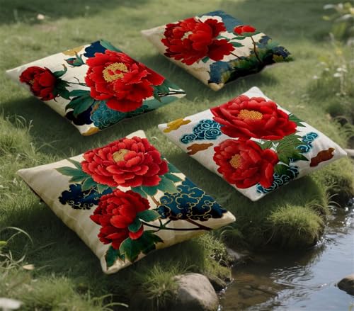 Kissenbezug 80x80cm Outdoor Kissen Wetterfest Rot kissenbezüge Blume 4 Stück Samt Sofakissen mit Unsichtbarer Reißverschluss Sitzkissen Dekokissen für Couch Sommer Balkon Garten Deko Geschenk z-846 von zohjlinwq