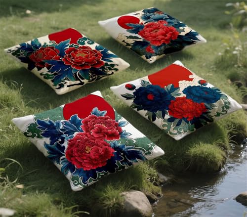 Kissenbezug 80x80cm Outdoor Kissen Wetterfest Rot kissenbezüge Blume 4 Stück Samt Sofakissen mit Unsichtbarer Reißverschluss Sitzkissen Dekokissen für Couch Sommer Balkon Garten Deko Geschenk z-876 von zohjlinwq
