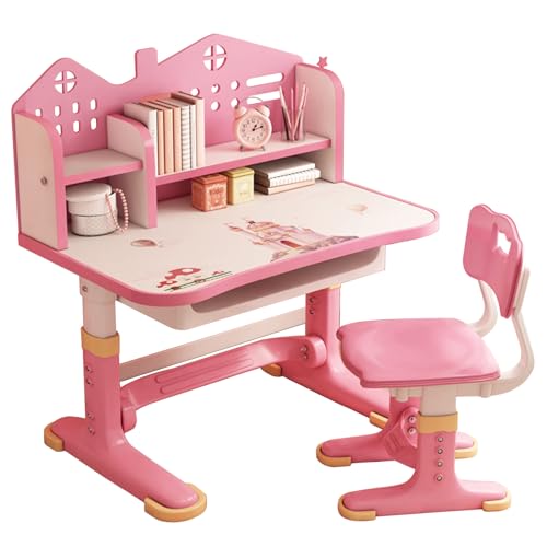 zomebar Kleiner Schreibtisch, Stehpult, Schreibtischstuhl Set, verbreiterter Schreibtisch Multi Separation Cartoon Muster Schreibtischstuhl Set Kinder höhenverstellbarer Studiertisch (Rosa & weiß) von zomebar