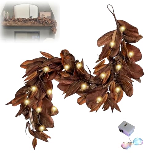 6ft Large Brown Magnolia Leaf Garlands, Artificial Magnolia Leaf Garland Fall Garland with Lights for Christmas & Thanksgiving Decorations (1pcs) von zoocco